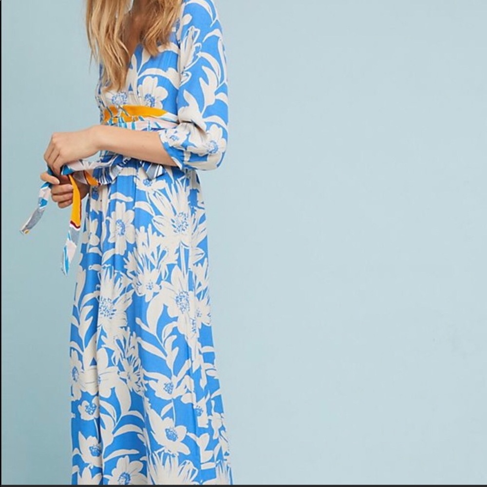 Anthropologie Maeve Maxi Dress with obi wrap (attached), side zipper, & pockets